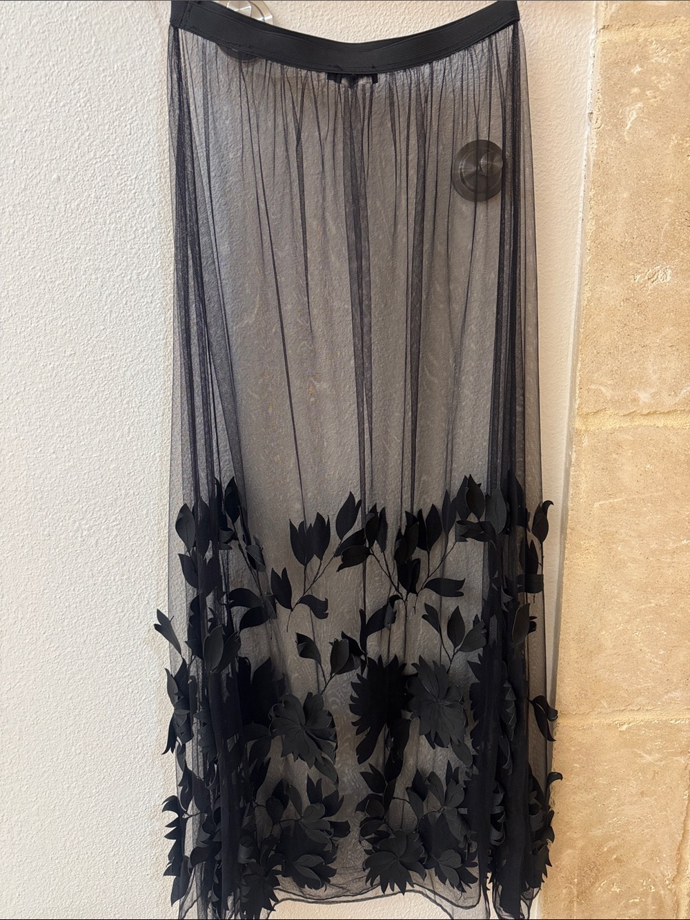Anne Fontaine Sz 38 Sheer Black Floral Appliqué Maxi Skirt
